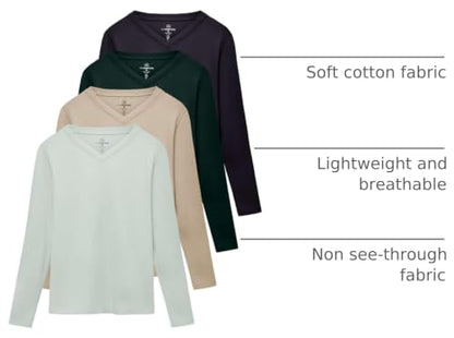 4 Pack Women's Long Sleeve Cotton V Neck Tshirts Basic Tees Tops Undershirt - color: Set 7, size: Medium