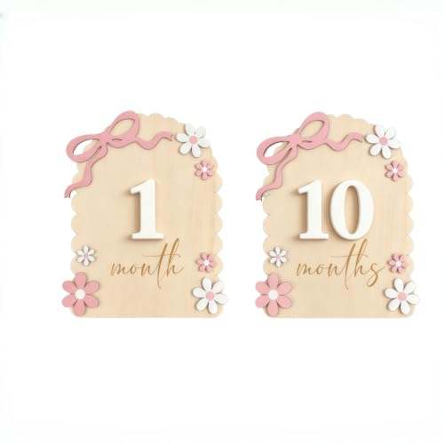 A Set of Baby 1-12 Months Wooden Milestone Baby Growth Record Photo Atmosphere Props,Memorial Photo Prop (Arched Petal Edging- Pink Bow) - color: Arched Petal Edging- Pink Bow