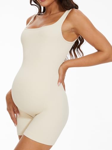 BDITANLE Maternity Workout Romper Pregnancy Yoga Ribbed One Piece Seamless Tank Top Jumpsuit - color: 02beige, size: Medium