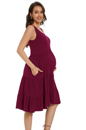 Smallshow Women's Sleeveless Ruffle Tank Maternity Dress - color: Maroon, size: Large