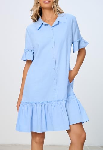 MEROKEETY Women's Summer Casual Tshirt Dress Button Down Shift Mini Dresses - color: Blue, size: Small