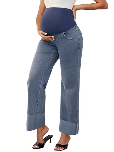 Women Maternity Jeans Straight Leg Cuffed Denim Work Pants - color: Retro Blue, size: X-Large