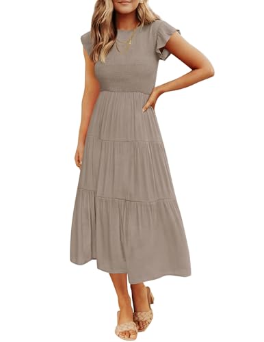 ZESICA Women's 2026 Summer Casual Flutter Short Sleeve Smocked Midi Dress - color: Light Khaki, size: XX-Large