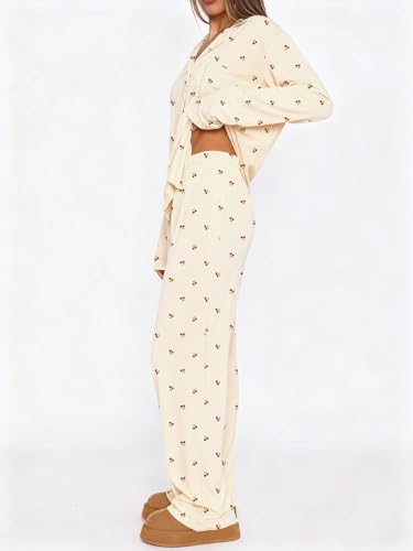 Dressmine Ladies Long Sleeve Cute Pajama Sets 2 Piece Fall Outfits - color: Apricot Cherry, size: Medium