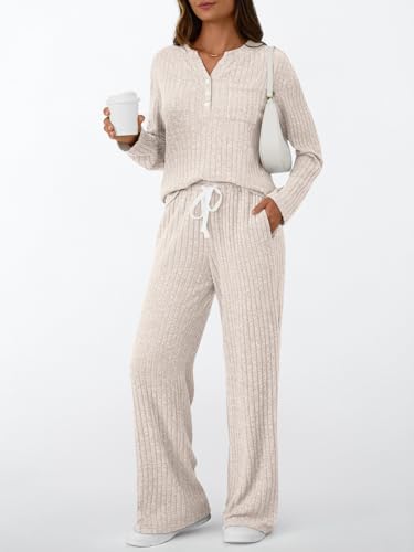 LILLUSORY Women's 2 Piece Matching Lounge Sets 2026 Trendy Fall Outfits - color: Apricot, size: Medium