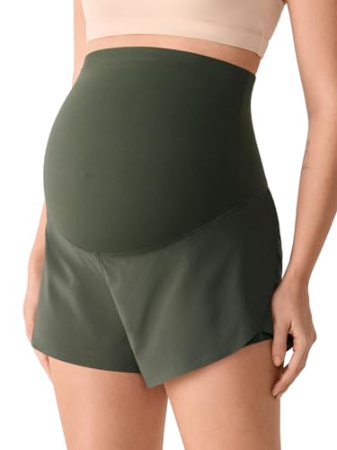 MOMANDA Athletic Maternity Dolphin Shorts 3" - color: Aspen Olive, size: Small