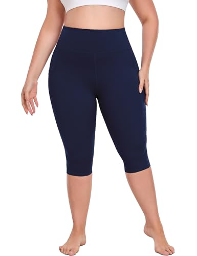 16" Womens Plus Size Capri Yoga Pants with Pockets 16" Knee Length - color: Navy Blue, size: Large Plus
