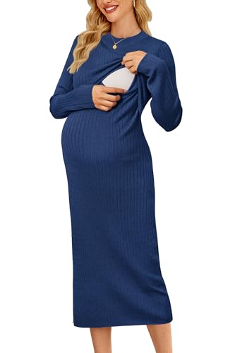 OUGES Women's Wool Blend Sweater Nursing Ribbed Fall Maternity Dress - color: Dark Blue, size: X-Large