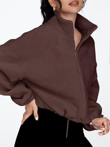 AUTOMET Womens Fleece Jackets Zip Up Oversized Cropped Sweatshirts - color: Brown, size: Small