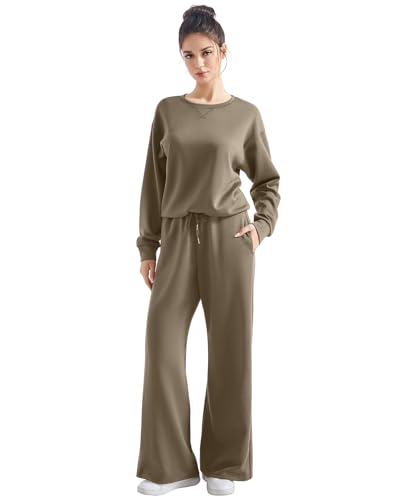 SUUKSESS Women Modal 2 piece outfits Oversized Sweatshirt Wide Leg Pants - color: Khaki, size: Medium