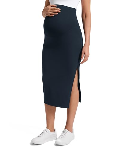 CRZ YOGA Maternity Side Split Midi Skirts - color: True Navy, size: Medium