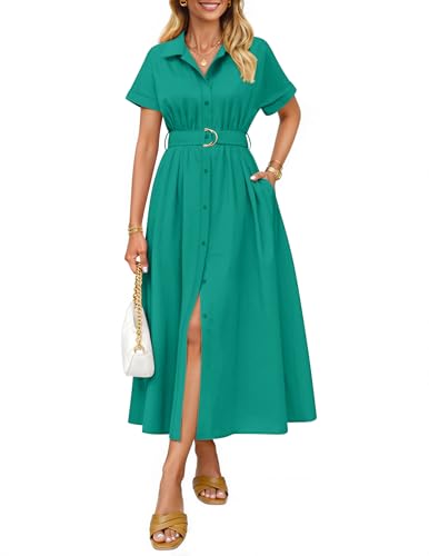 ZESICA Women's Summer Button Down Short Sleeve Midi Dress - color: Green, size: Small