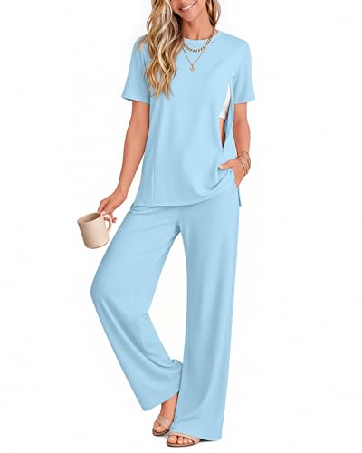 2Pc Postpartum Nursing Pajamas Set - color: Light Blue, size: Small