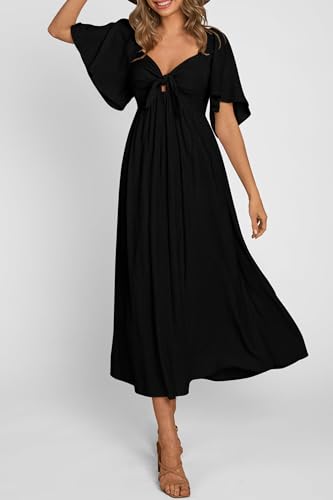 PRETTYGARDEN Women's Summer Bow Tie V Neck Midi Dresses - color: Black, size: Medium