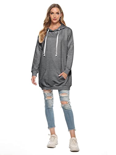 Famulily Womens Oversized Hoodie Extra Long Hooded Tunic Sweatshirt with Pockets - color: Dark Grey, size: X-Large