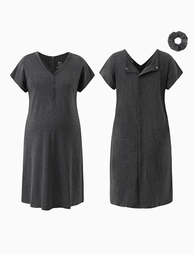 PATPAT Maternity Labor and Delivery Gown, Womens Hospital Gown with Pockets - color: Dark Heather Gray, size: Medium (Fit S/M)