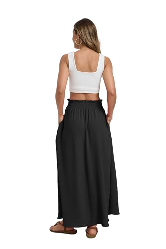 Womens Maxi Skirt with Pockets Elastic Waist Pleated A Line Summer - color: A01-black, size: Medium