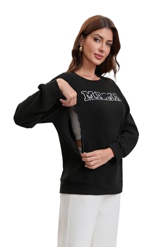 Women Waffle Knit Mama Embroidered Zippers Breastfeeding Nursing Sweatshirt - color: Black, size: Large