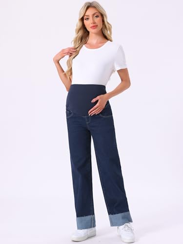 Women Maternity Jeans Straight Leg Cuffed Denim Work Pants - color: Black Blue, size: XX-Large