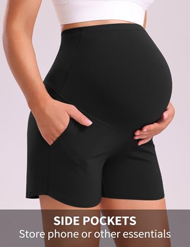 Mama Land Women's Maternity Athletic Shorts with Pockets, 4 Inch - color: Black, size: Large