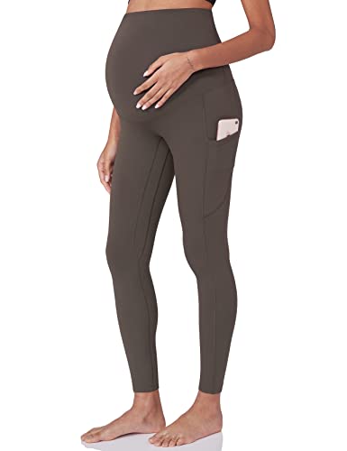 POSHDIVAH Maternity Workout Leggings Pregnancy Yoga Pants Pockets - color: Brown, size: X-Large