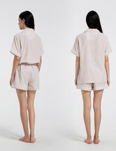 Womens Muslin Pajama Sets 100% Cotton Double Gauze Linen Like Short Pjs - color: Heathered Beige, size: X-Large