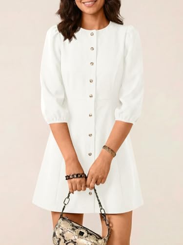 Wenrine Womens Work Mini Dress 3/4 Sleeve Button Down Business Dresses - color: White, size: X-Large