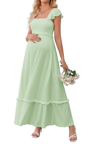 OUGES Women's Ruffle Sleeve Summer Baby Shower Maternity Photoshoot Dress - color: Light Green, size: Small