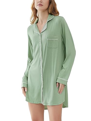 Cherrydew Women's Bamboo Viscose Cooling Long Sleeve Button Front Nightgown - color: Sage Green, size: Medium