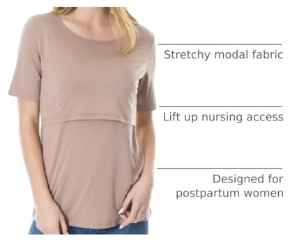 Smallshow Women's Maternity Nursing Tops Short Sleeve Breastfeeding Clothes - color: Brown/Black/Grey, size: Small
