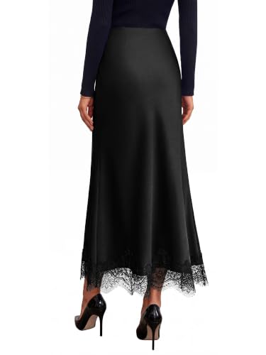 BTFBM Lace Trim Satin Skirts for Women Elegant - color: Black, size: Large
