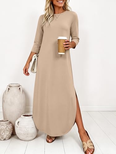 ANRABESS Women’s Air Layer 3/4 Sleeve Fall Maxi Dress & Pockets - color: Almond, size: Medium