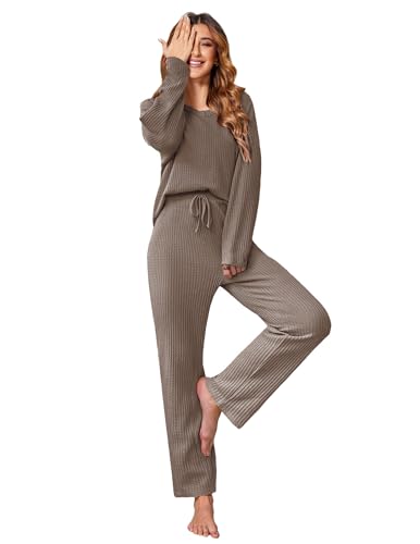 Ekouaer Waffle Knit Pajama Sets Comfy Lounge Sets 2 Piece Matching Pj Sets - color: Brown, size: Medium