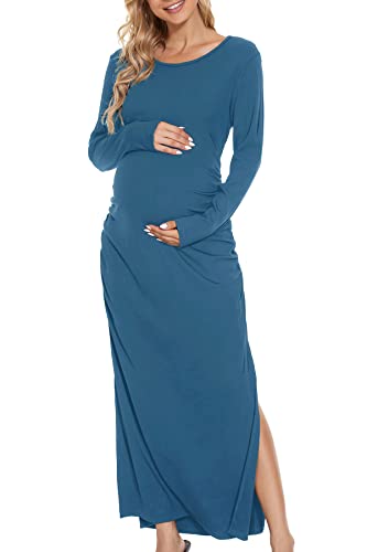 Smallshow Women's Ruched Long Sleeve Split Maternity Dress - color: Grey Blue, size: Small