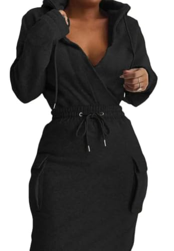 BIRW Hoodie Dress for Women 2027 Slim Casual Long Sleeve High Waist Drawstring Pullover Bodycon Sweatshirt Dresses - color: Solid Black, size: Large