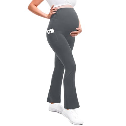 Leafigure Maternity Flare Leggings with Pockets - color: Grey, size: X-Large