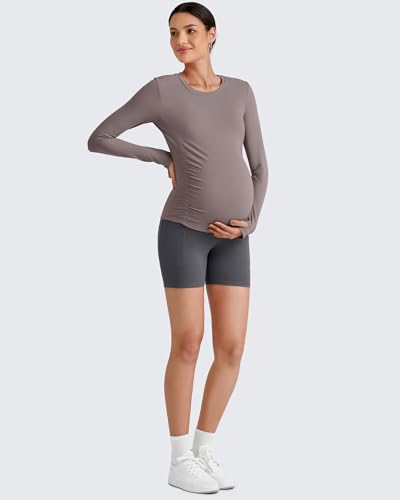 G4Free BareFeel Pregnancy Workout Tops Maternity Long Sleeve Shirts Ruches - color: Taupe, size: Medium
