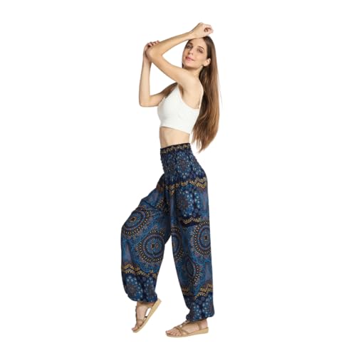 Tranquil Threads High-Waisted Boho Harem Yoga Pants for Women - color: Purple Flower, size: Medium