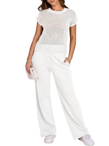 ANRABESS Women Two Piece Outfits Crochet Lounge Matching Travel Sets - color: White, size: Medium