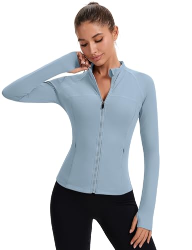 Rapbin Women's Full Zip Workout jackets Runing Slim Fit Athletic Tops With Thumb Holes - color: Blue, size: Large