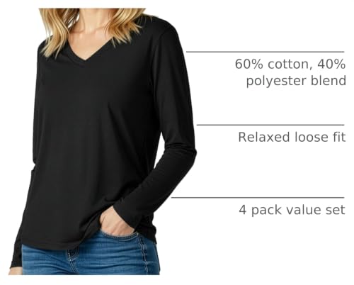 4 Pack Women's Long Sleeve Cotton V Neck Tshirts Basic Tees Tops Undershirt - color: Set 2, size: Large