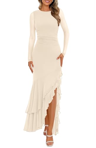 BTFBM Women's Maxi Dresses Fall 2026 Long Sleeve Wedding Guest Dress - color: Beige, size: Small