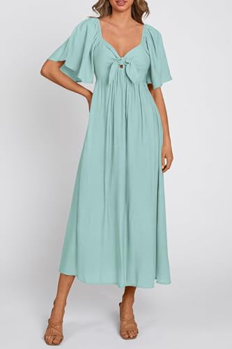 PRETTYGARDEN Women's Summer Bow Tie V Neck Midi Dresses - color: Aqua Green, size: Medium