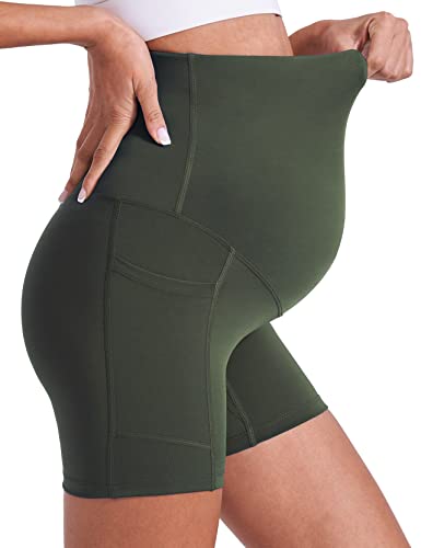Enerful Maternity Biker Shorts with Pockets 8"/5" - color: Black + Dark Green 5", size: Large