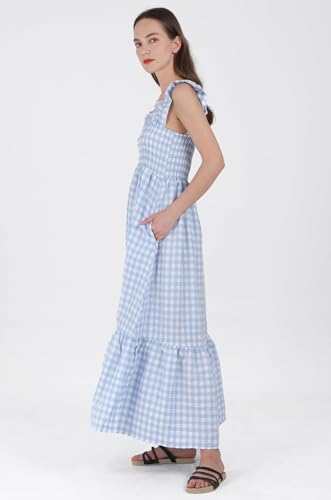 Women's Sleeveless Strap Retro Plaid A-Line Smocked Maxi Long Dress with Ruffled Hem - color: Sky Blue, size: Medium