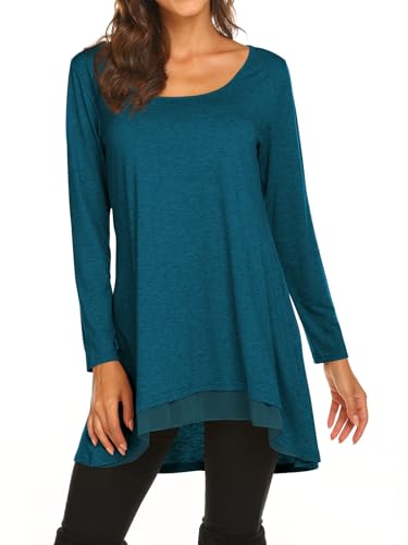 Poetsky Women's Long Sleeve Tunic Tops Layered Chiffon Hem Blouses Shirts - color: A-teal, size: Medium