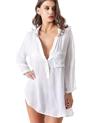 TOUSYEA Soft Women's Sleepshirt Oversized Button Down Swimsuit Cover Ups - color: C White, size: X-Small