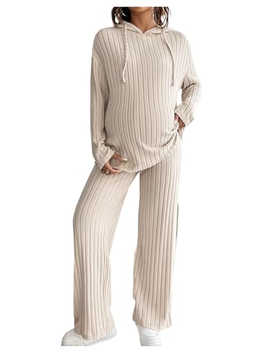 MakeMeChic Women's Maternity 2 Piece Sets Ribbed Knit Hoodie Pants Outfits - color: Apricot, size: X-Large