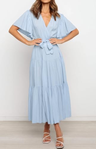 R.Vivimos Womens Summer Casual Ruffle A-Line Midi Dress - color: Skyblue-shortsleeve, size: Medium
