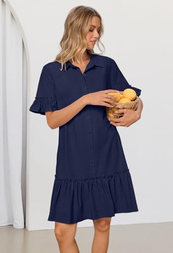 MEROKEETY Women's Summer Casual Tshirt Dress Button Down Shift Mini Dresses - color: Navy, size: Medium